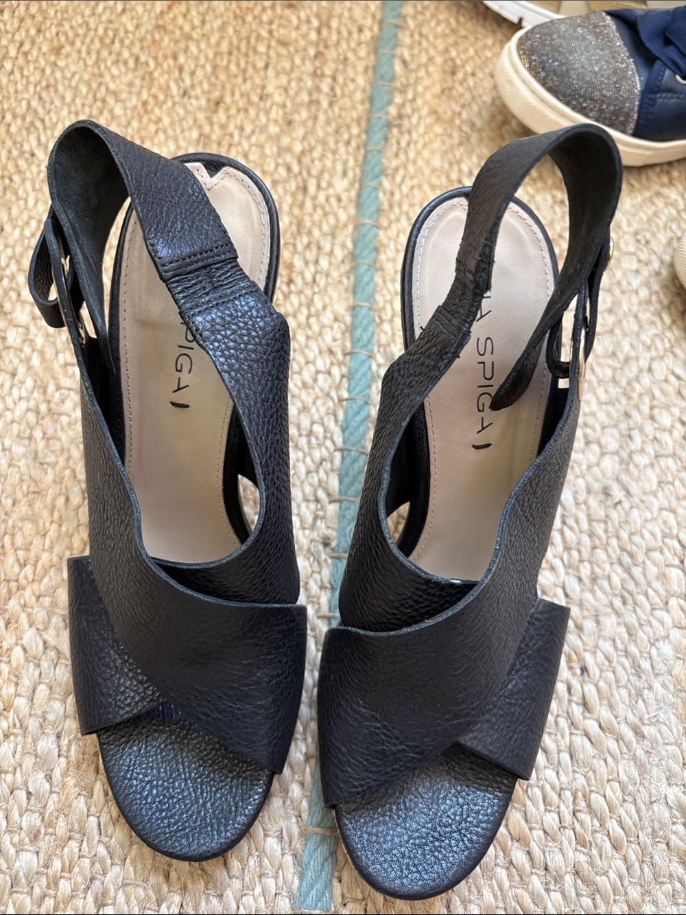 Via spiga Black Peep-Toe Leather Slingback Heels